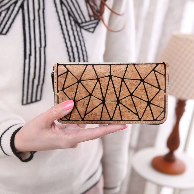 Brown Black Card Money Cork Triangle Patchwork Long Wallet Zip Around Clutch Handbag Minimalist Design Purse Velcro For Women