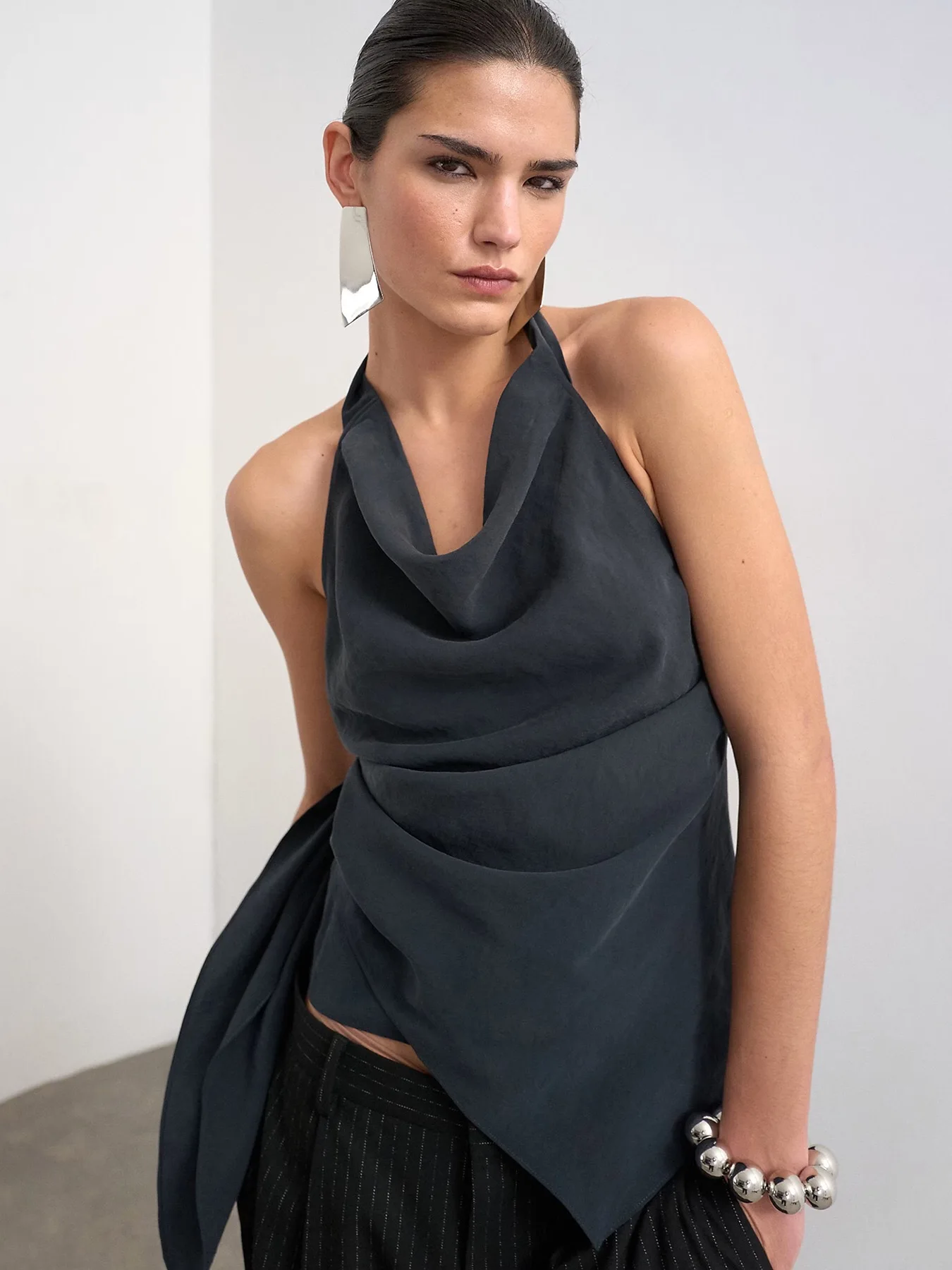 Asymmetric Copper Ammonia Silk Backless Sleeveless Top Women's Hanging Neck Small Shirt Cross-Border Best-Selling Slim Fit Po...