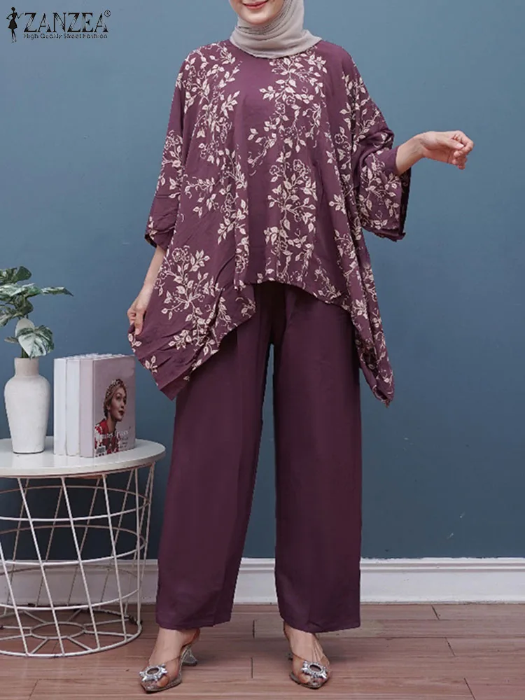 

Vintage Printed Matching Sets ZANZEA Women Summer 3/4 Sleeve Blouse Wide Leg Pant Sets Muslim Hijab Tracksuits IsIamic Outfits