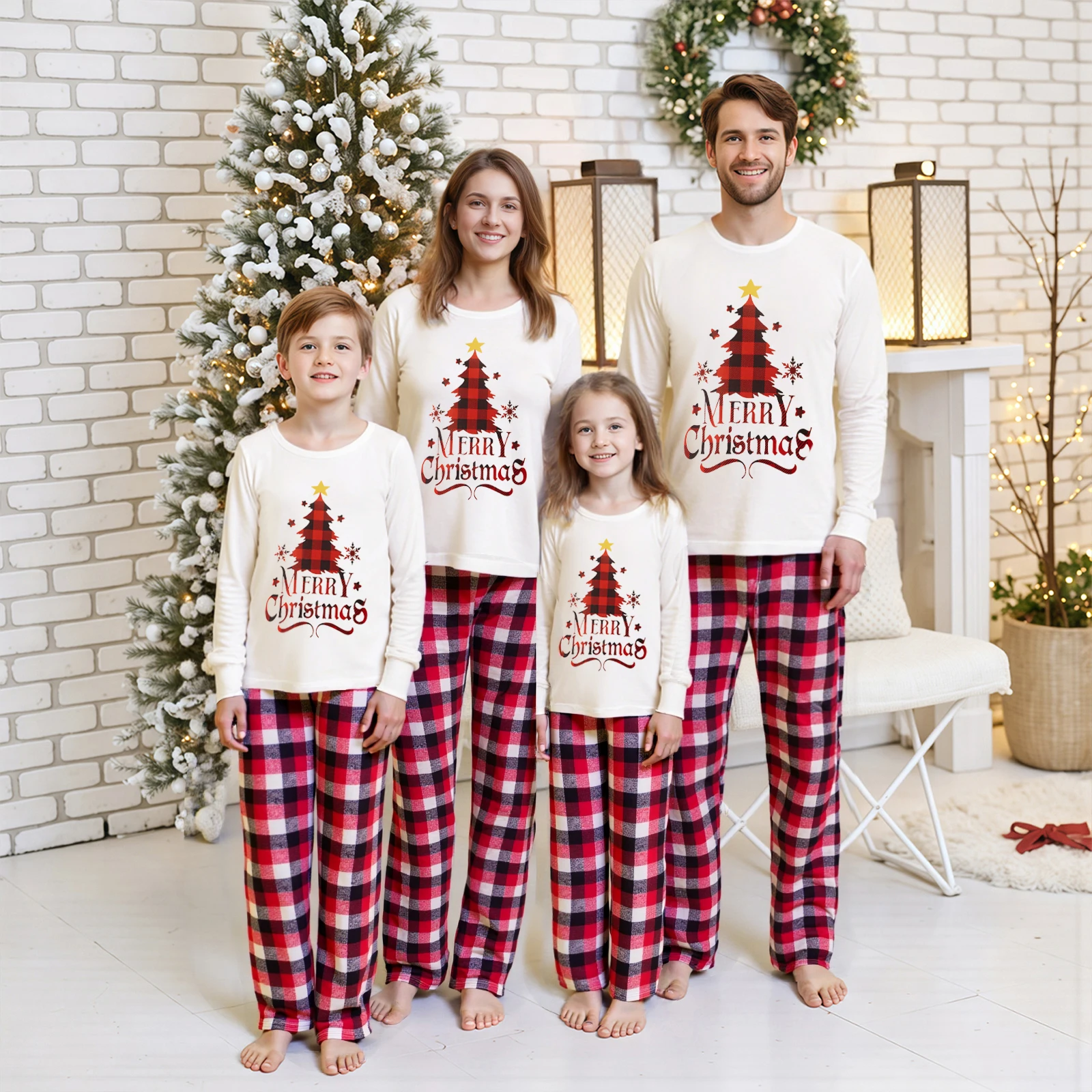 

Family Matching Christmas Pajama Outfits Xmas Tree Letter Print Long Sleeve Tops and Plaid Pants Holiday Sleepwear Jammies Sets