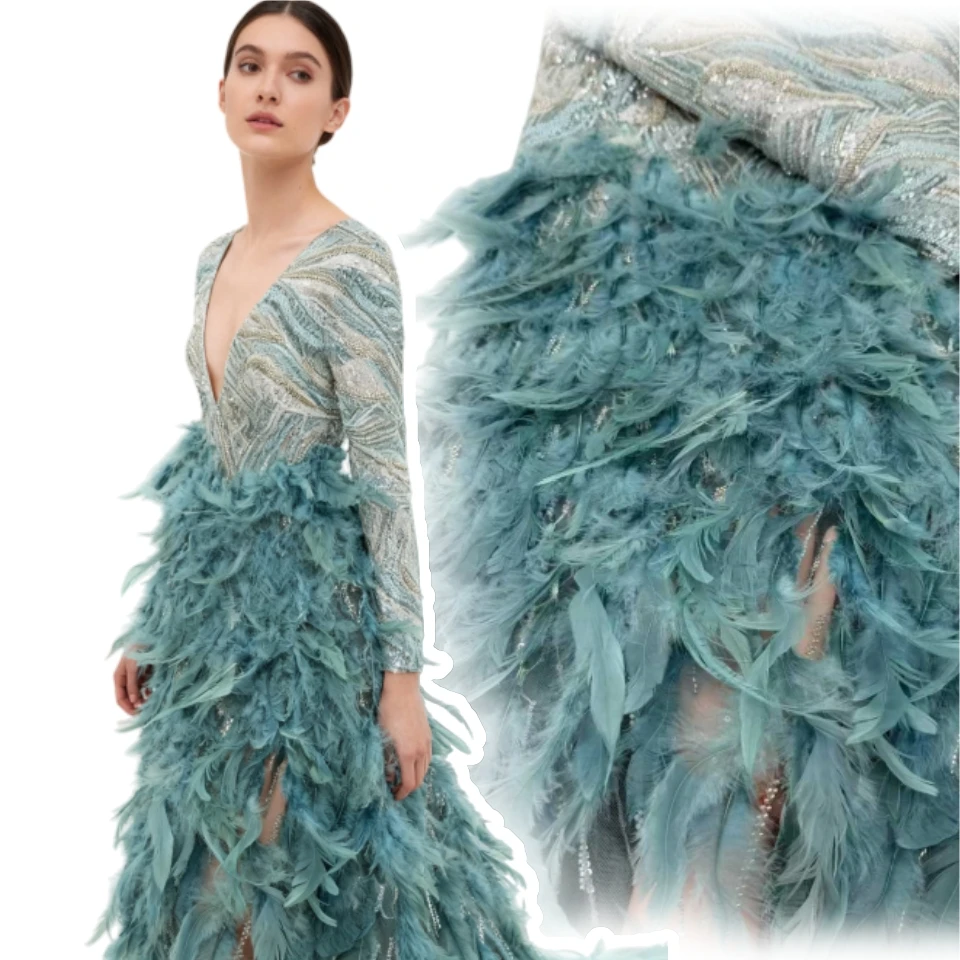 

Роскошное платье ручной работы с 3D аппликацией из перьев, модное африканское сетчатое кружево с бисером, французская ткань, сетчатое кружевное вечернее платье SZ1809