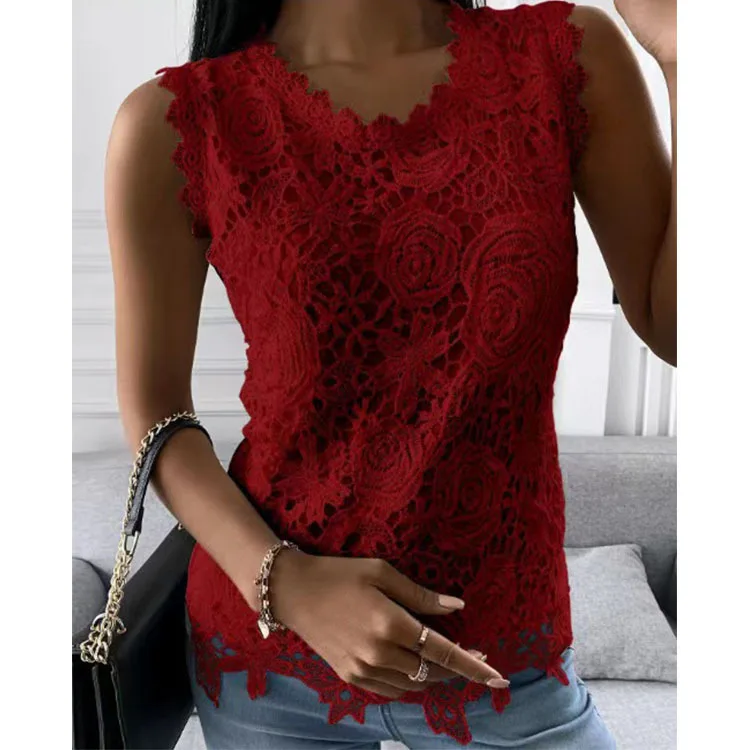 2024 Summer Fashion Ladies Lace Jacquard Sleeveless Casual Women Vintage T-Shirt S-5XL Floral Vest Camisole Halter Top