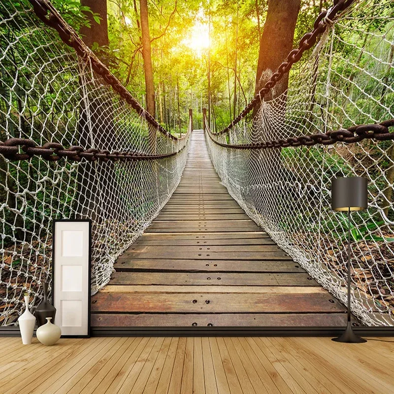 Custom Forest Landscape 3D Wall Mural Bridge Nature Wallpaper for Living Room Dining Room Feature Wall Home Art Decor