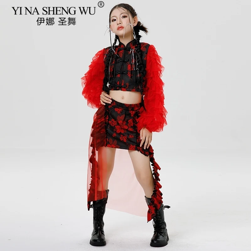 أطفال الهيب هوب ملابس رقص الفتيات K-Pop الجاز شارع الرقص مرحلة الزي تنورة حمراء دعوى أداء ارتداء الأطفال ملابس الرقص #1