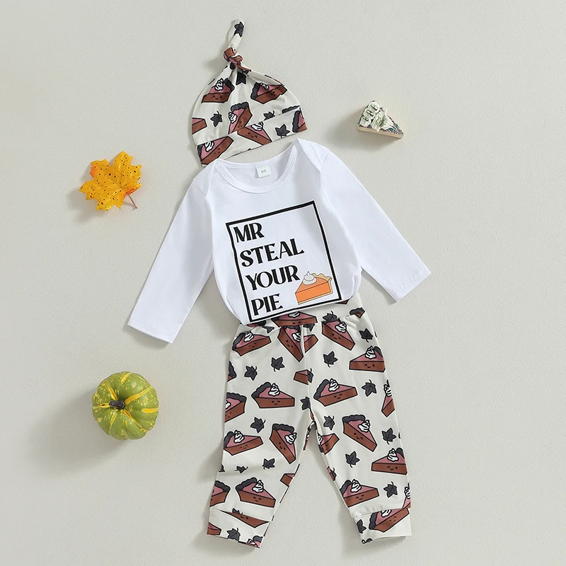 

Infant Boys Clothing Set Adorable Long Sleeve Romper with Fun Cake Print Pants and Matching Hat for Baby Boy s Outfit