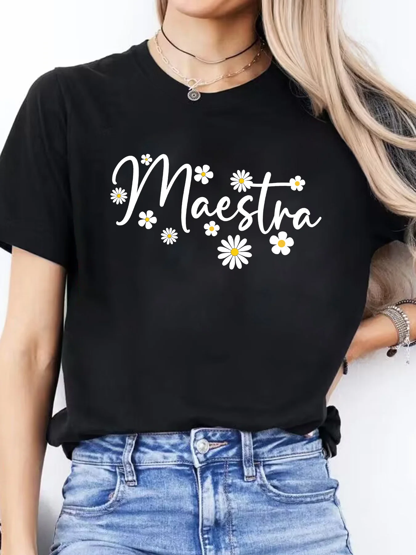 Women's Spanish Alphabet & - Letter Print T-Shirt - Spanish Language Learning, Casual Round Neck Short Sleeve Blouse