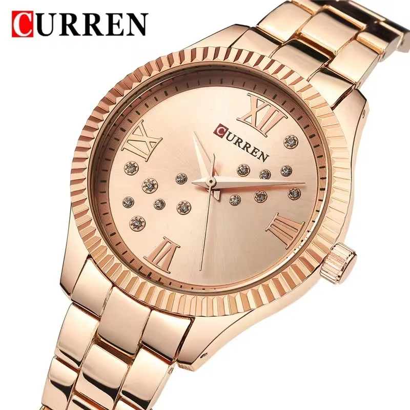 CURREN 9009 Women\'s Quartz Watch Business Fashion Diamond Dial Waterproof Stainless Steel Strap Casual Simple Ladies Wristwatch