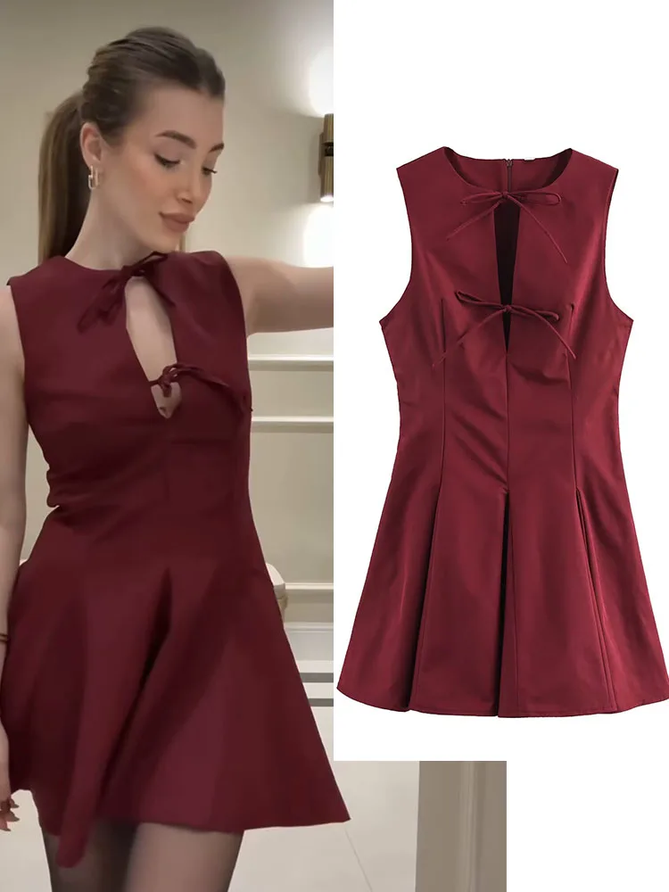 

Women Summer Mini Dress 2025 Fashion Solid O-Neck Drawstring Bow Female Elegant Street Tank Dresses Clothing