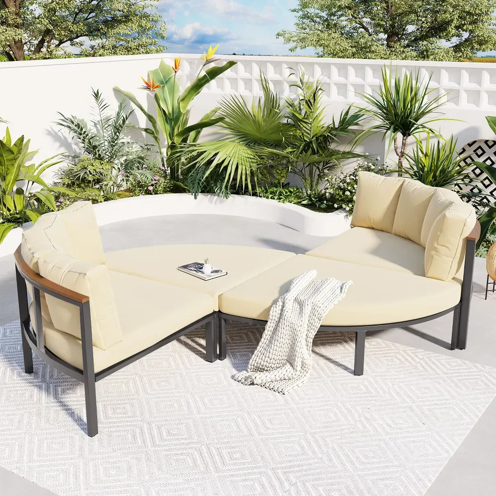 U-style Patio Furniture Set 4 PCS Round Outdoor Conversation Set Weather Metal Sectional Sofa Cushions Outdoor Patio Furniture