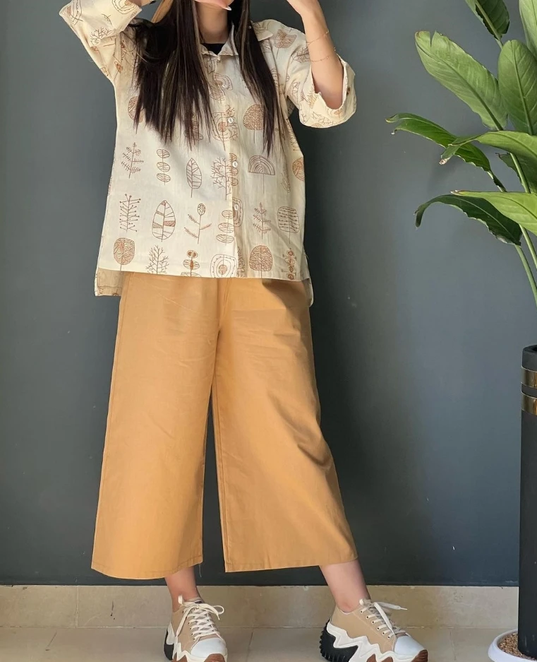 

Hot Selling 2024 for Women's Pants Set Casual Style Loose Cotton and Linen Printed Shirt with Cropped Commuting Wide Leg Pants