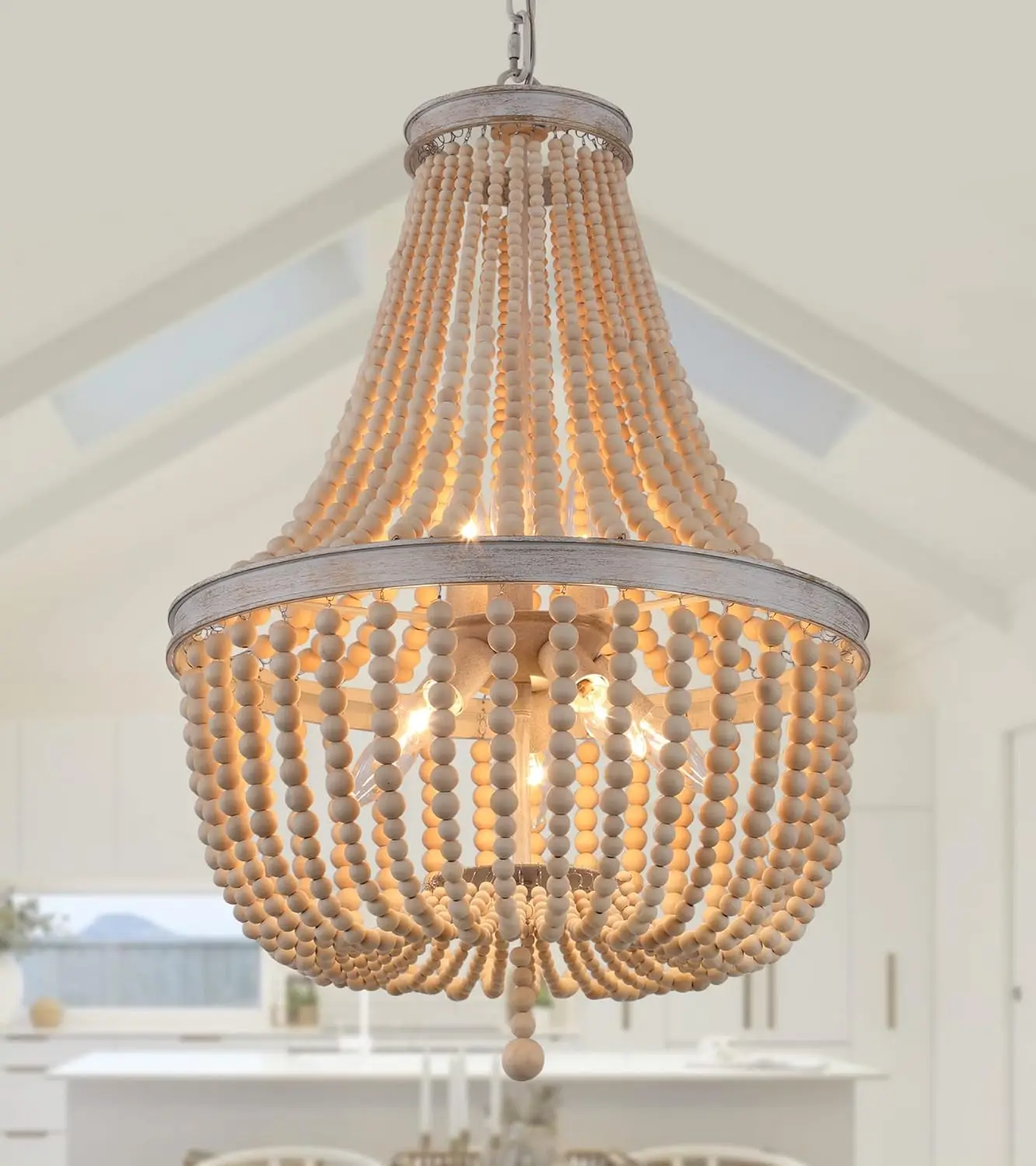

Farmhouse Wood Beaded Chandelier, Oak White 8-Lights Retro Vintage Rustic Pendant for Living Room Bedroom Kitchen