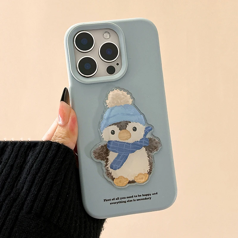 Cartoo 3D Penguin Couple Back Cover Case For iPhone 16 Pro Max 15 13 14 12 16 Plus Matte Soft Silicone Phone Shell