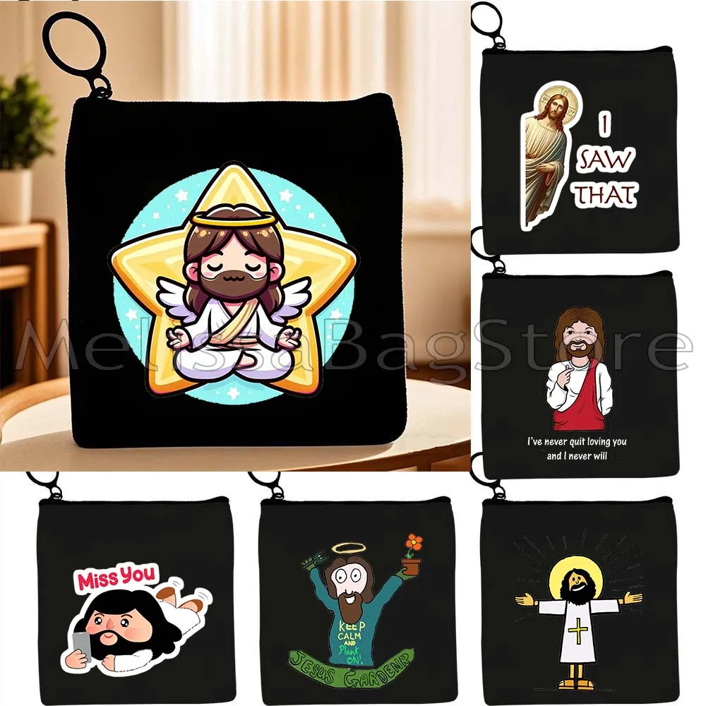 Cute Jesus Is Calling Christmas Gift Kawaii Sweet Baby Jesus Cartoon Buddy Christ Canvas Coin Purse Custom Key Case Cloth Bags