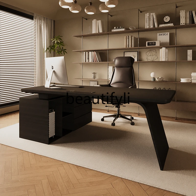 

Italian minimalist light luxury solid wood desk high-end with side cabinet boss office computer desk