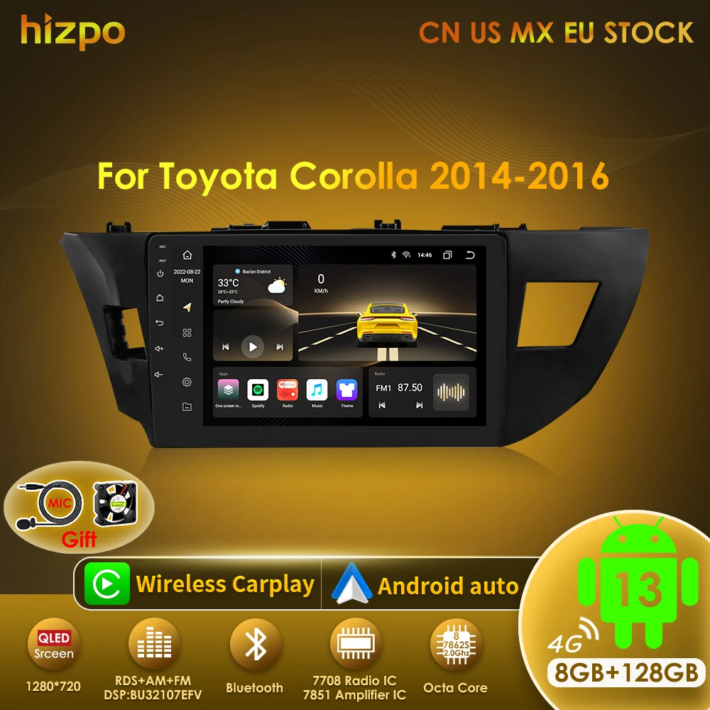 

Hizpo 2 Din Android 13 Автомобильная стереосистема для Toyota Corolla Ralink 2014 2015 2016 4G Радио Мультимедийный плеер Навигация GPS Carplay BT