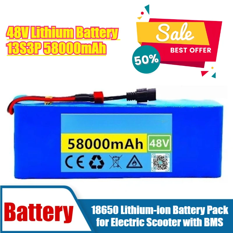 

48V Lithium Battery 13S3P 58000mAh 18650 Lithium-ion Battery Pack for Electric Scooter with BMS