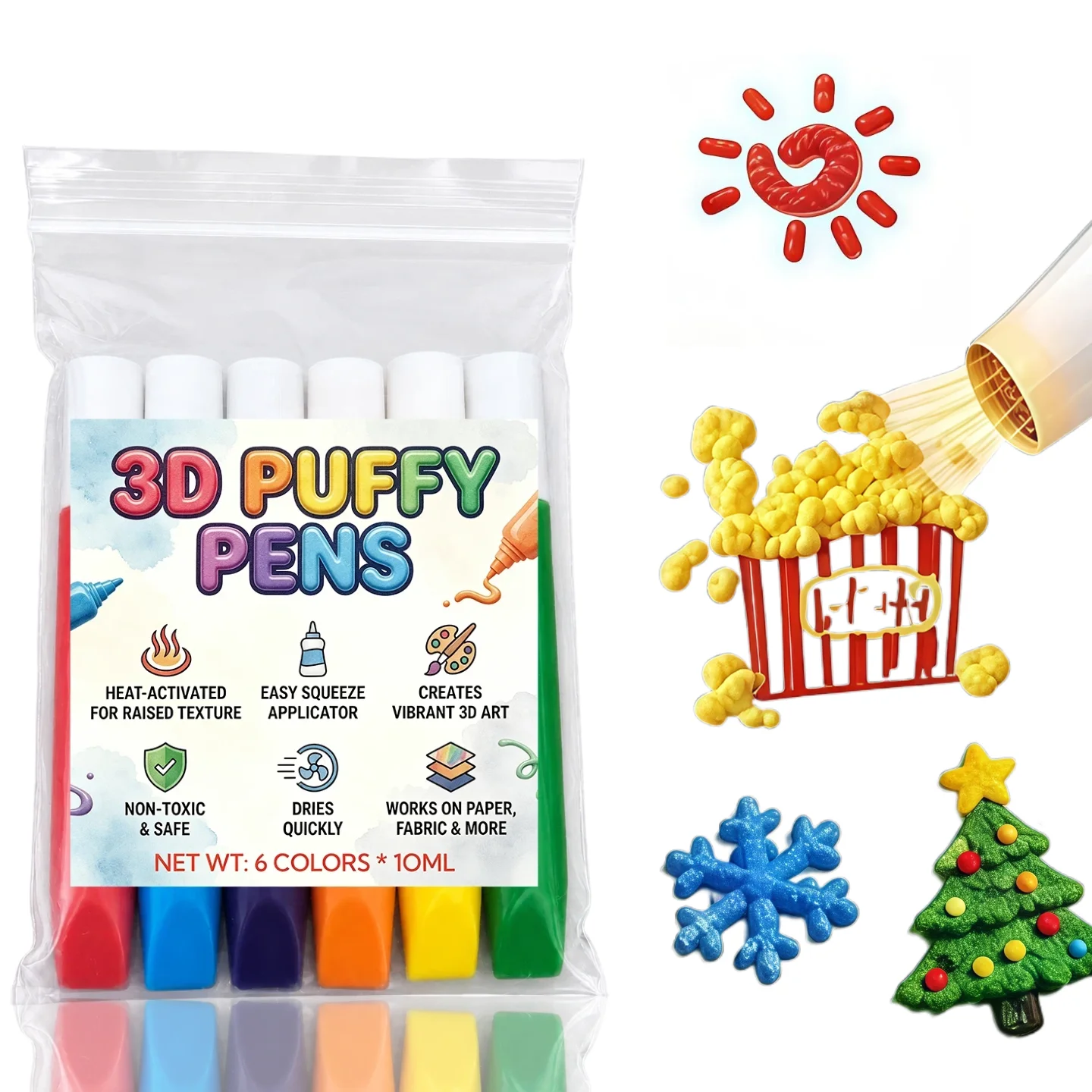 6 Pcs Popcorn Pens 3D Puffy Paint Markers, Holiday Gift For Artists, For Fabric T-Shirts And Canvas Sneakers DIY