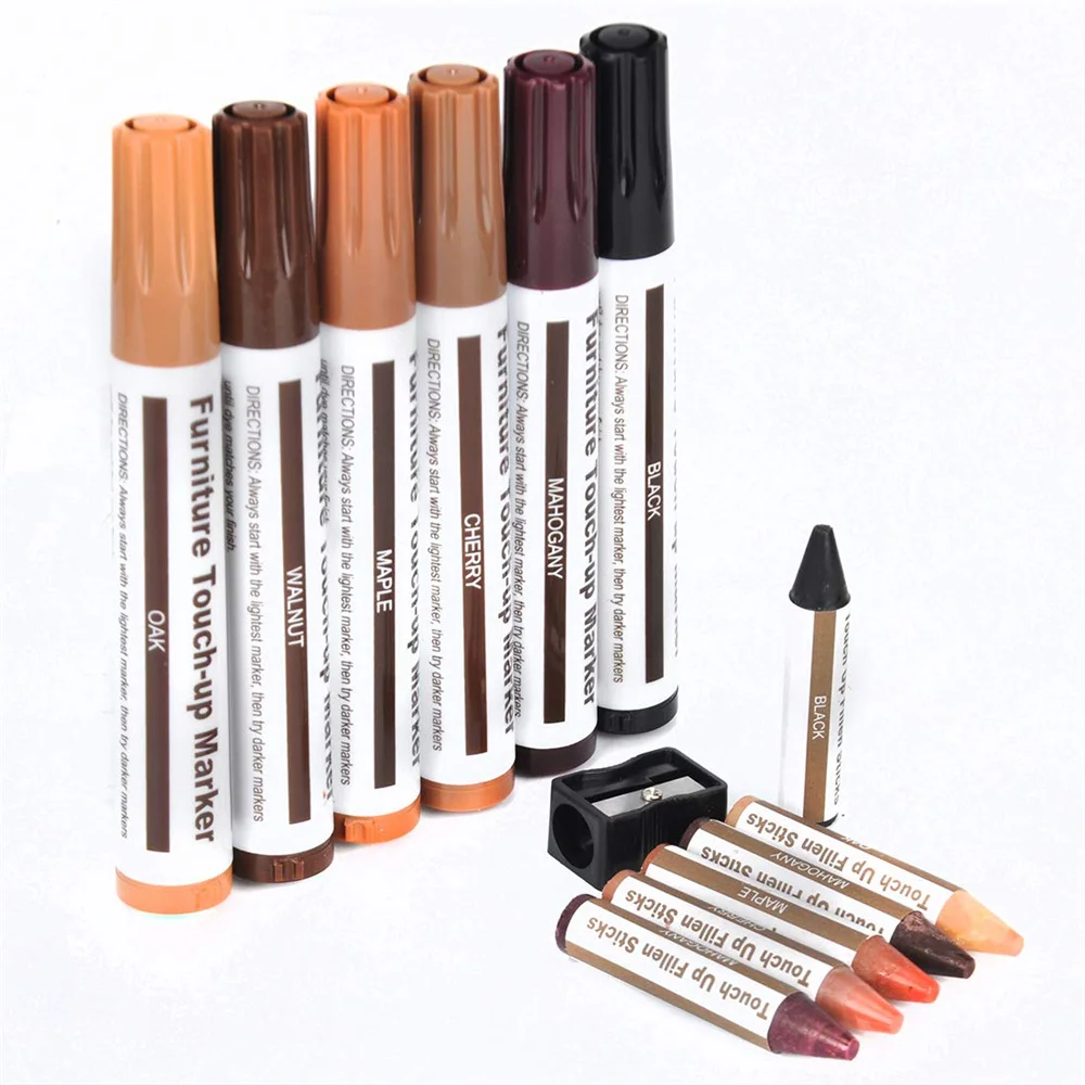 SEISSO Furniture Repair Kit 12Pcs Wood Markers Touch Up Scratch Restore Crayons Fillers with Sharpener 6Colors for Wood Door