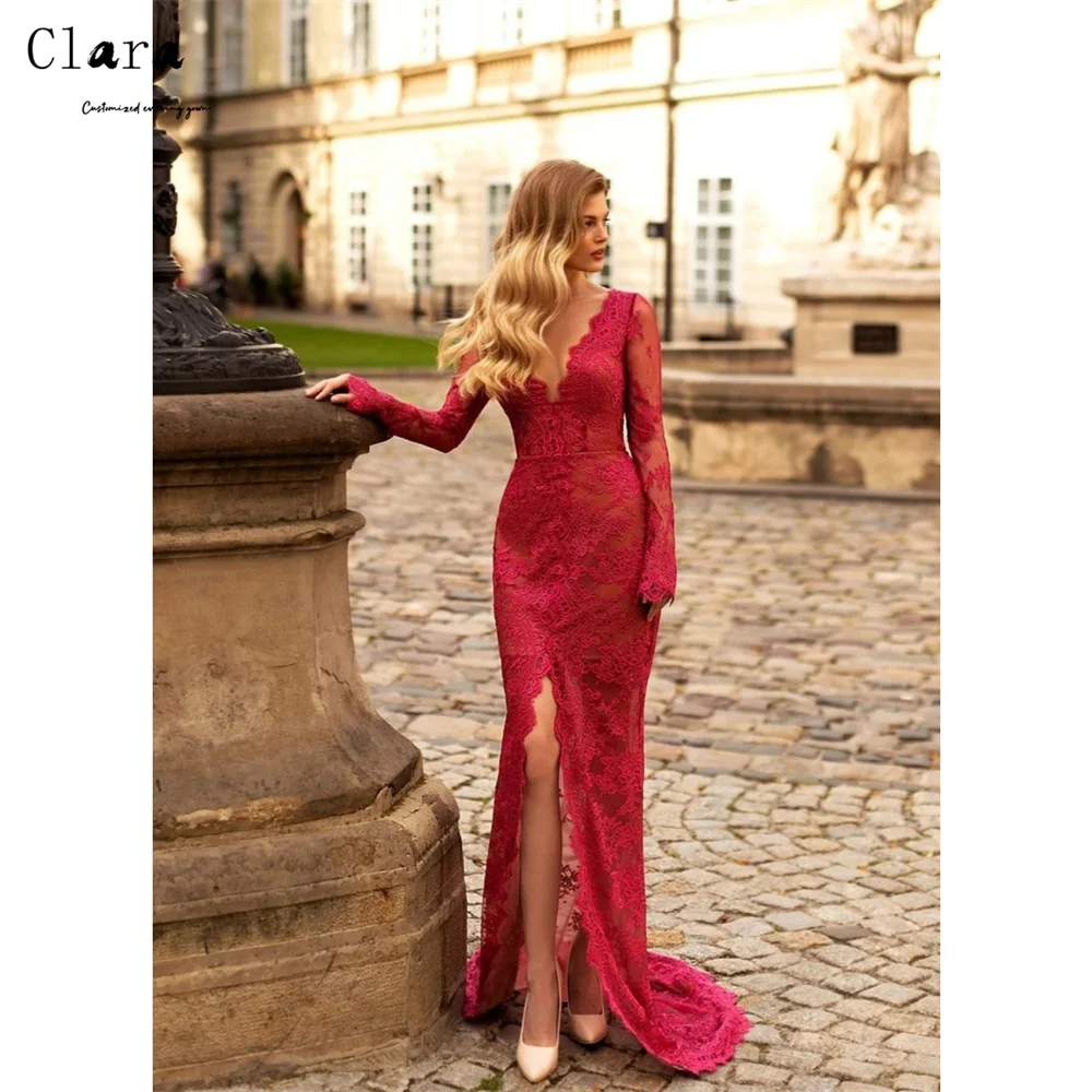 Clara Vestidos de noche y formales con abertura lateral y cola de pez de encaje rojo personalizados Vestido de lujo 2025 Vestidos de noche lujosos para eventos Mujer
