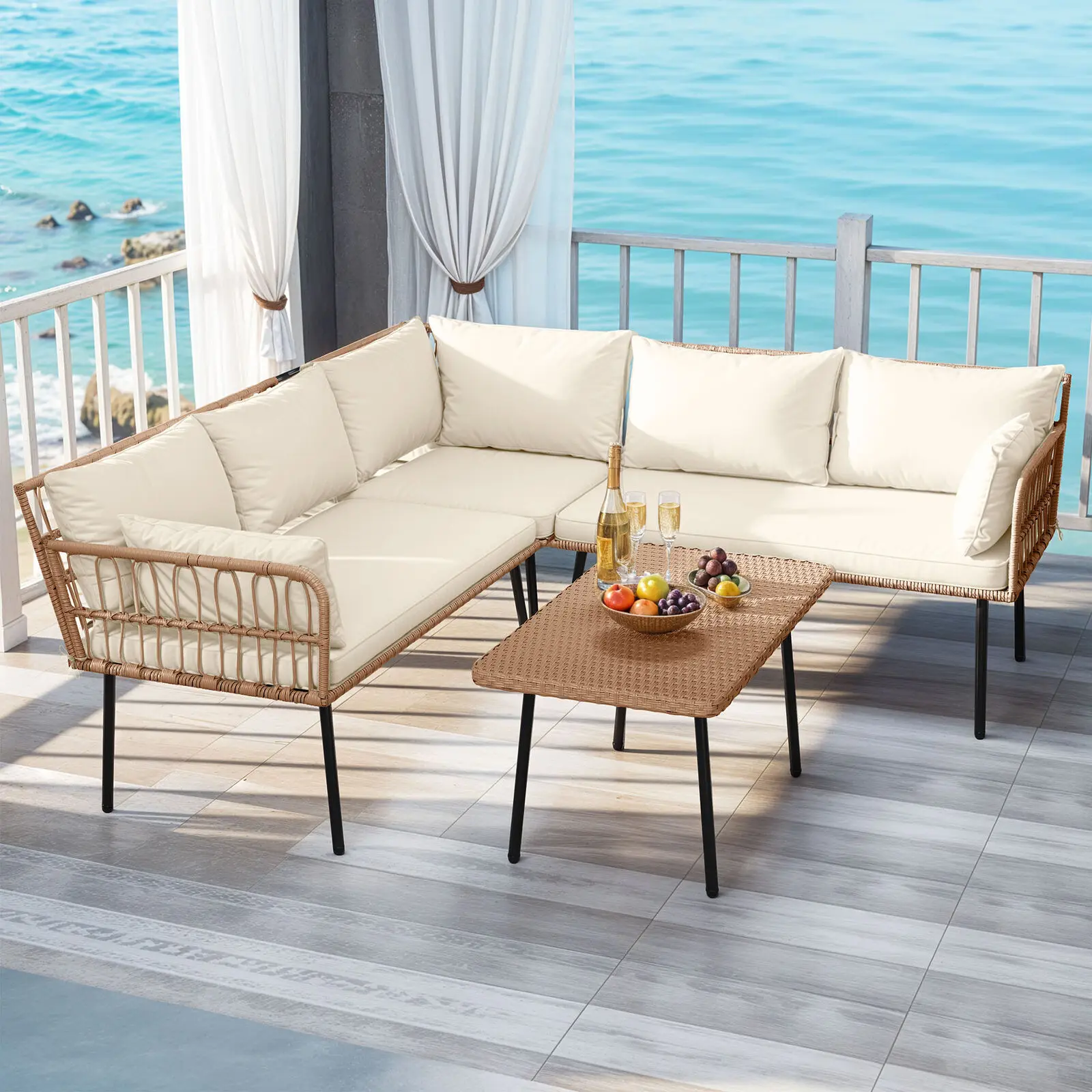 Set Furnitur Sofa Patio Bentuk L 4 Buah, Set Perbualan Patio Anyaman Rotan