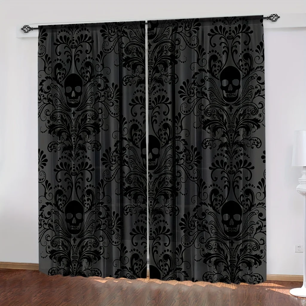 2PCS Digital Print Curtains Gothic Skull Floral Vintage Halloween Rod Pocket