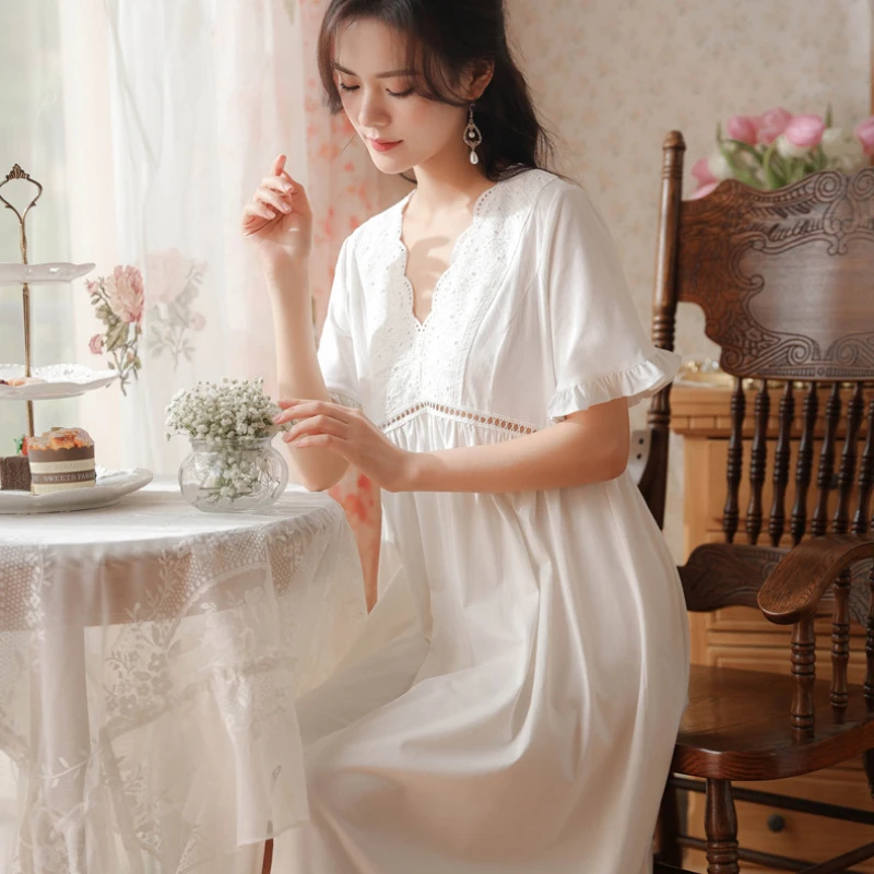 Sexy Lace Cutout Cotton Night Dress Women Summer Short Sleeve White Peignoir Victorian Vintage Nightgowns Princess Sleepwear