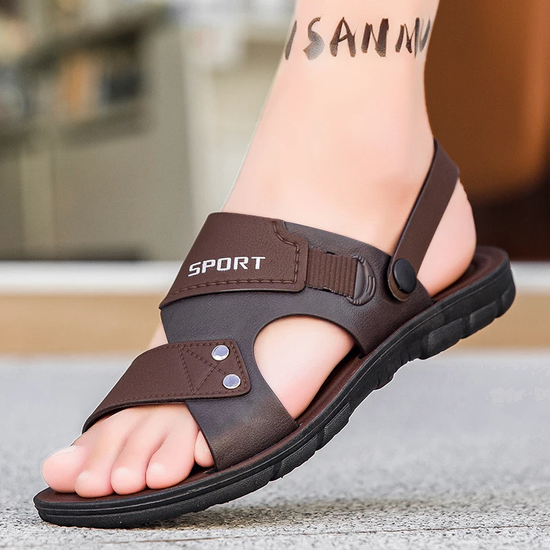 Trend Slippers Man Outdoor Leather Men's Sandals Large Size 48 Sandals Men Summer Flat Casual Leather Slippers Sandals For Men