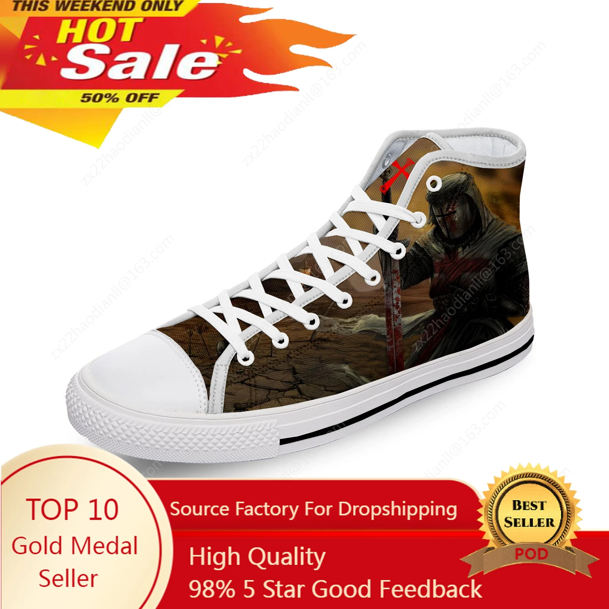 

Warrior Crusader Knights Templar Cross White Cloth 3D Print High Top Canvas Shoes Men Women Lightweight Breathable Sneakers