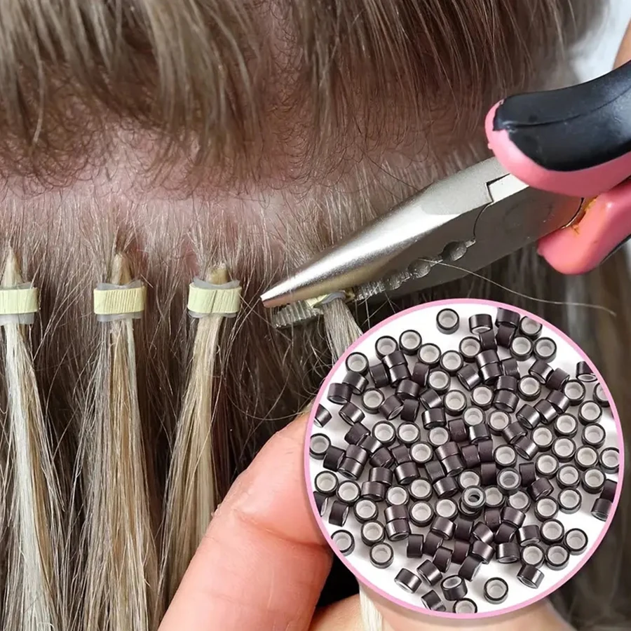 1000 micro anillos de silicona para extensiones de cabello, set de 5 colores, 200 de cada uno, herramienta para plumas 5