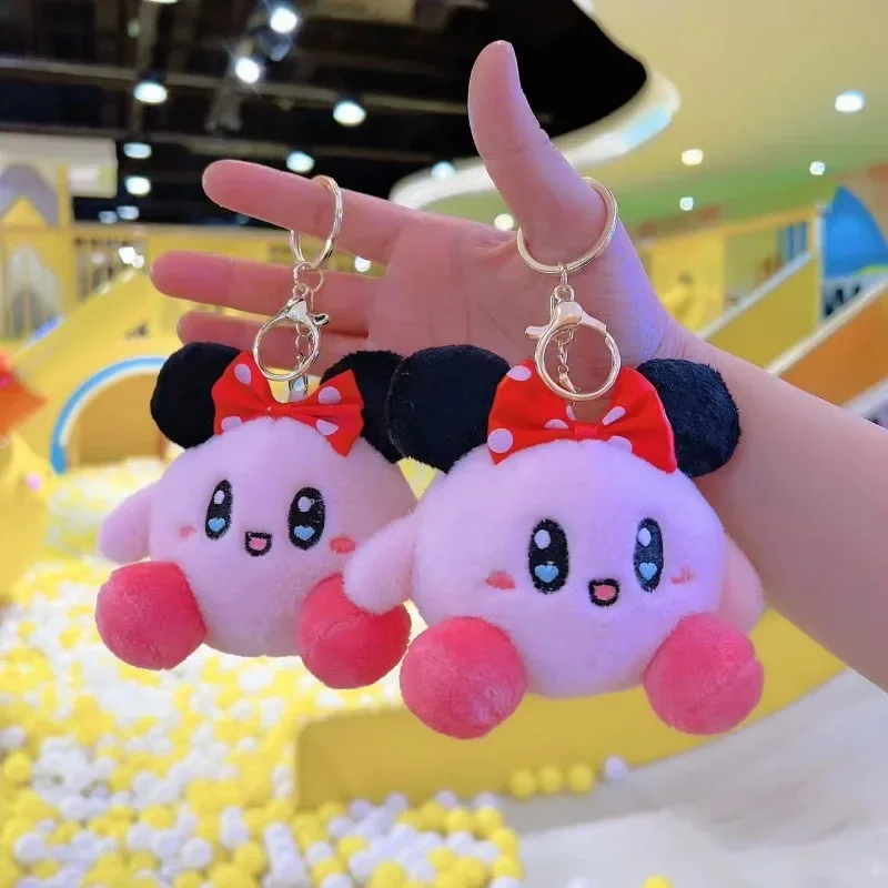 Kirby Plush Doll Keychain Cartoon Anime Cute Bowknot Kirby Kids Doll Backpack Pendant Car Key Ring Fashion Girls Holiday Gifts