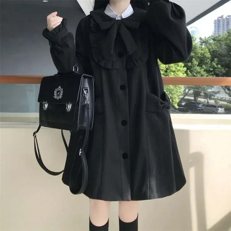 Winter Women\'s Woolen Coat Japanese Lolita Style Sweet Kawai Bow A-Line Loose Jackets Female Elegant Fall Korean Fashion Outwear