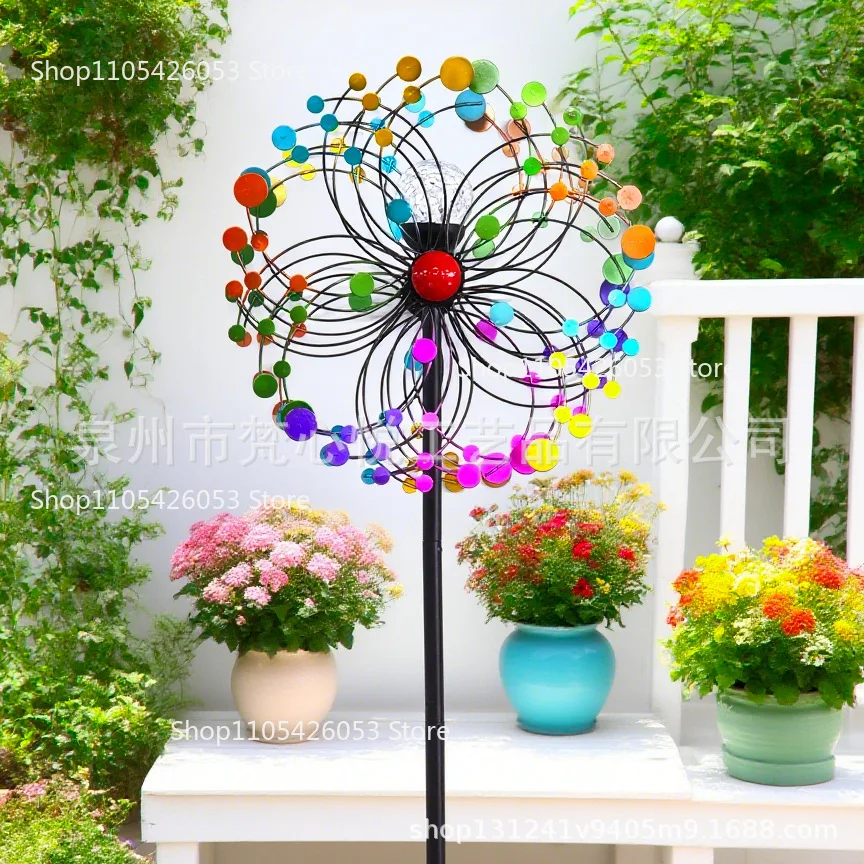 Outdoor Solar-Powered Windmill Iron Craft Rotating Garden Decor Color-Changing Metal Art for Patio Vibrant Windmill Decorations