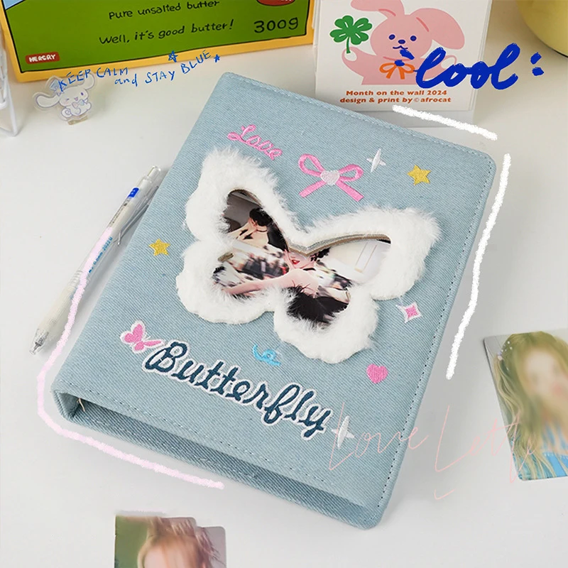 Butterfly Raw Edge Hollow Card Holder 3-Inch Four-Grid Denim Creative Cover Loose-Leaf Album Kpop Idol Photocards Collect Book