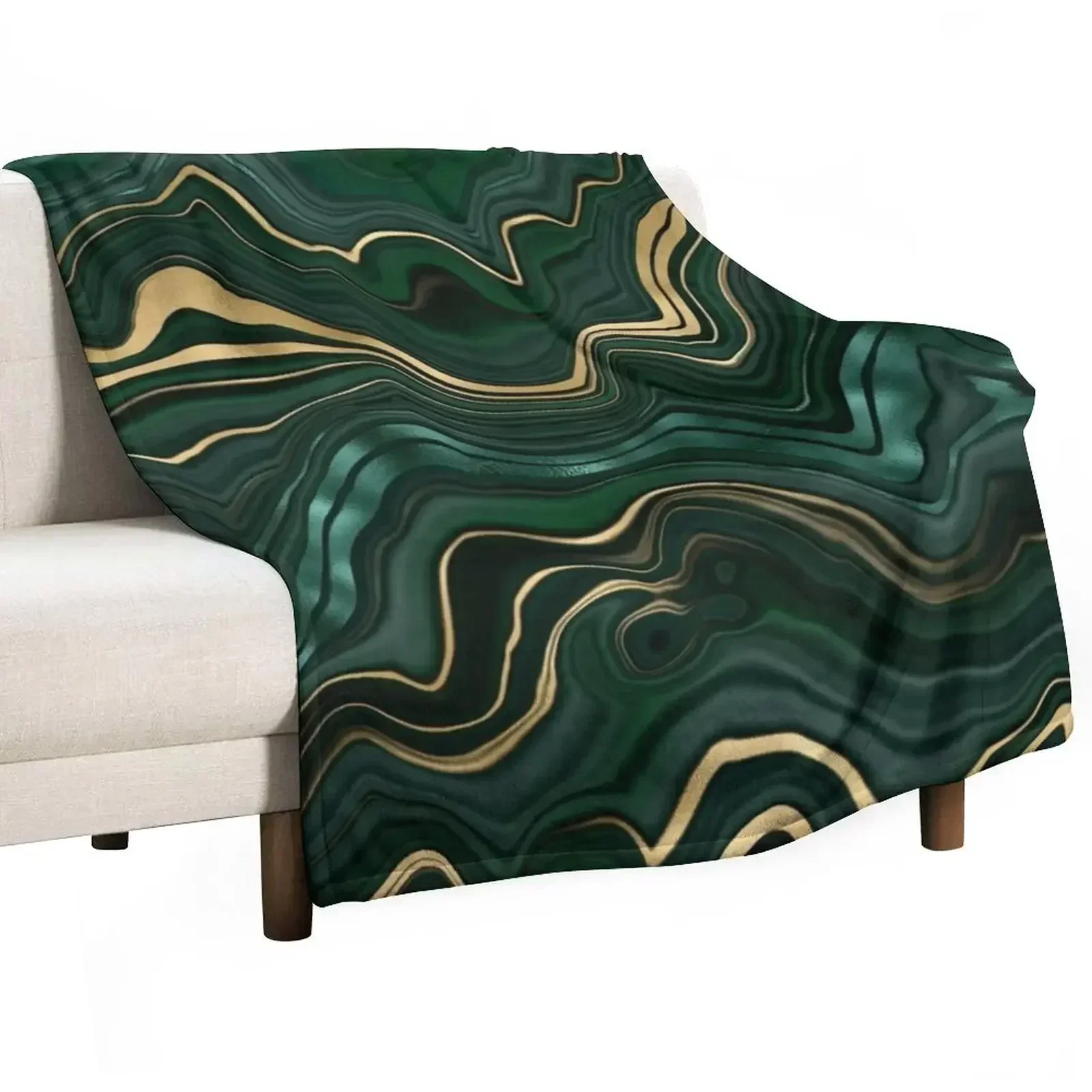 Malachite Faux Marble Texture With Gold Veins IV Throw Blanket Beautifuls Loose Multi-Purpose Plaid on the sofa Blankets