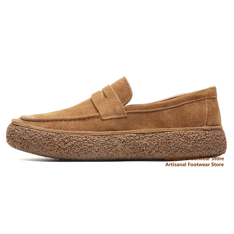 Vintage Brown Suede Leather Loafers Thick Sole Slip On Casual Shoes Height Increasing Walking Driving Shoes Trendy Men's Shoes
