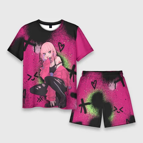 

Футболка с 3D-принтом аниме + короткая одежда в стиле Харадзюку, модная крутая Мужская и женская футболка с круглым вырезом, уличный комплект из 2 предметов, унисекс Одежда