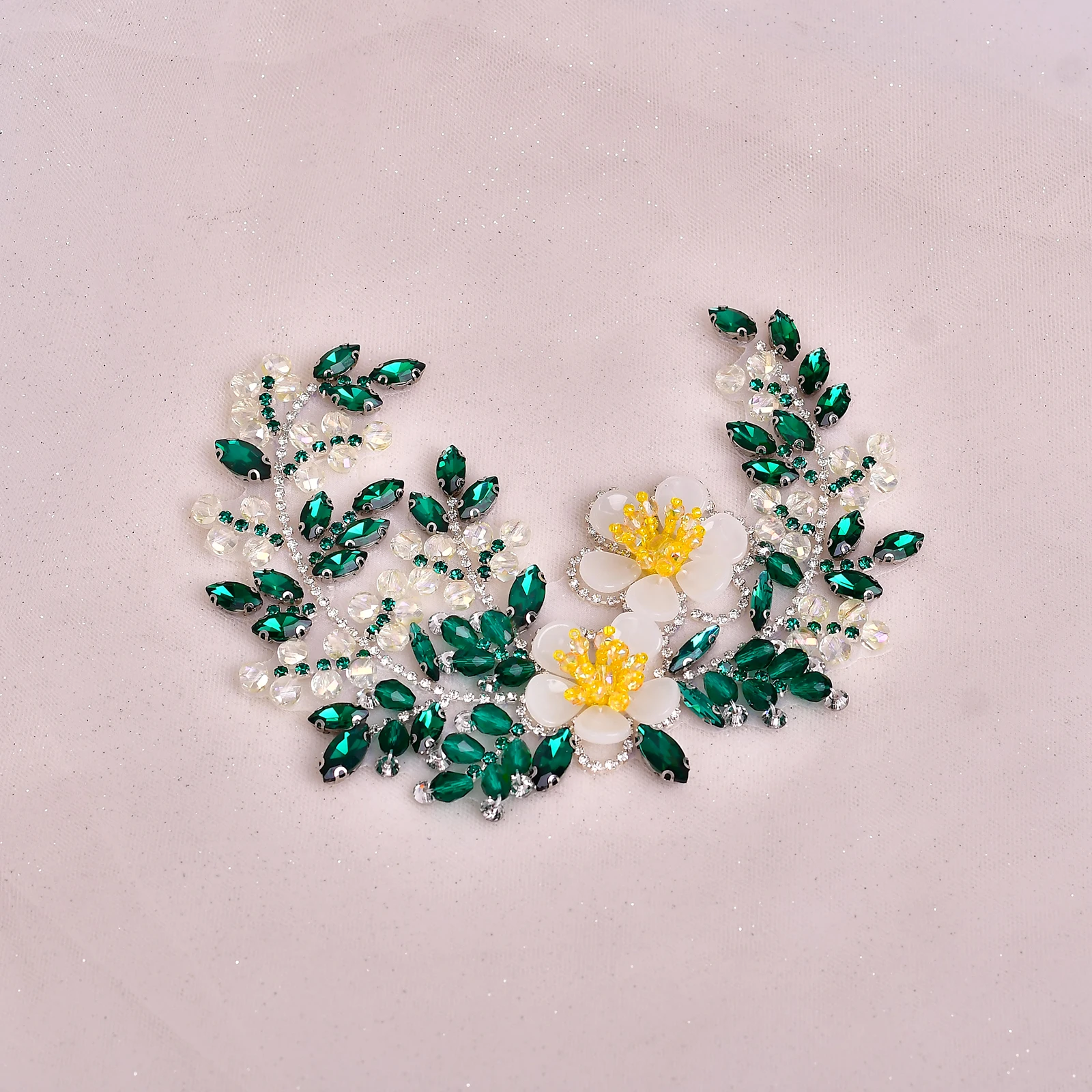 

Vintage Green Rhinestone Applique, Elegant Patch, DIY Fashion Accessory, Lace Patch Sewn onto Bridal Wedding Dress SP266