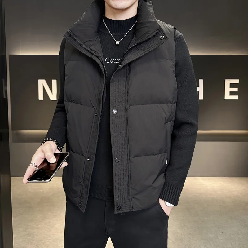 

Мужской зимний пуховый жилет с воротником-стойкой, утепленный, повседневный, модный, молодежный, на молнии, однотонный