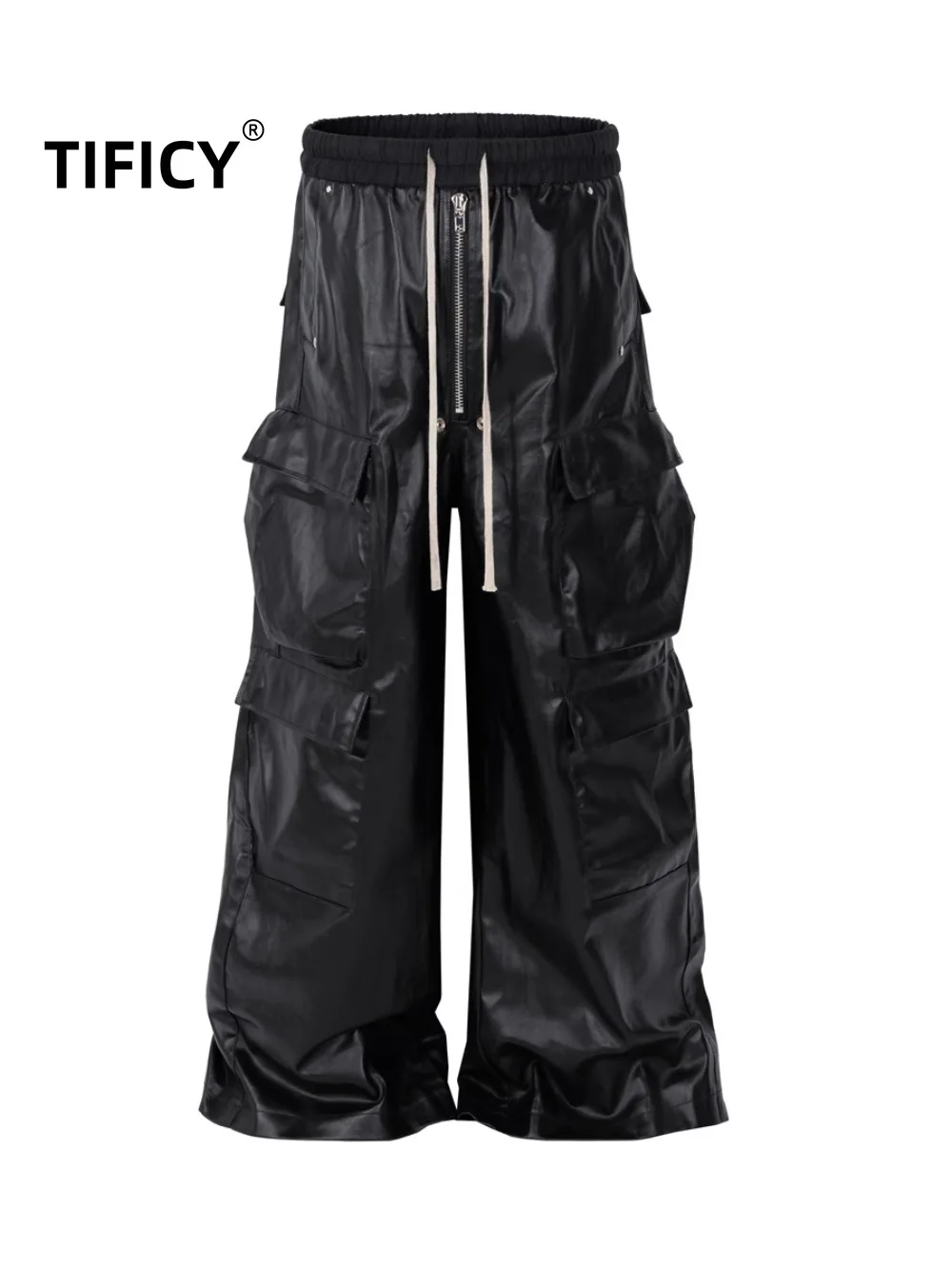 

RO Style Dark Pants Men and Women Multi Pocket Workwear Straight Tube Casual Drawstring Matte Coated Wide Leg Floor Pants