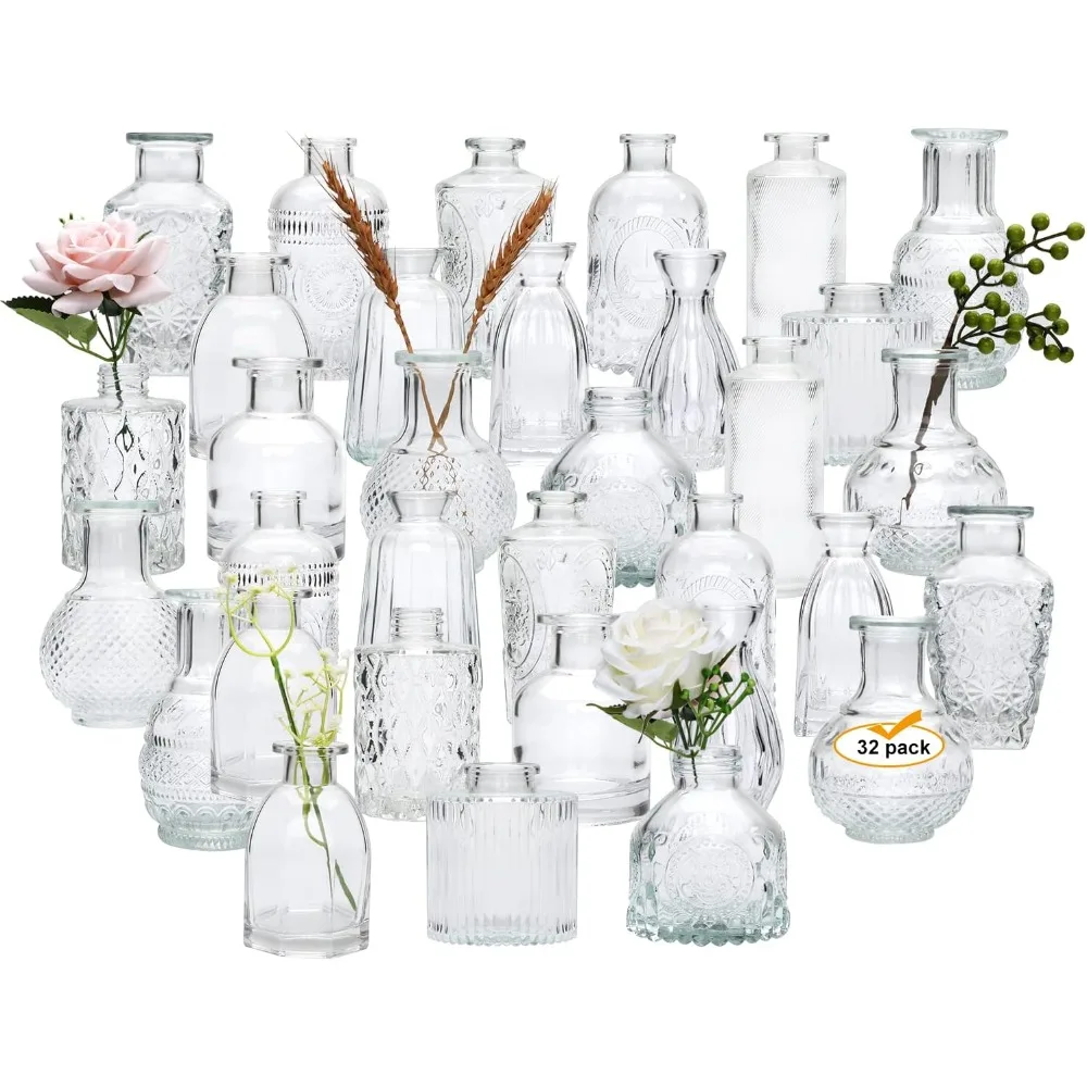 

Glass Bud Vases Set of 32,Small Flower Vases for Wedding Centerpiece Table Decorations,Clear Vintage Embossed Mini Vases