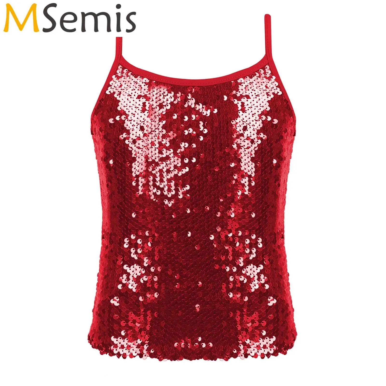 

Kids Girls Jazz Dance Performance Costume Gymnastic Shining Tank Top Adjustable Spaghetti Shoulder Straps Sparkly Sequined Tops