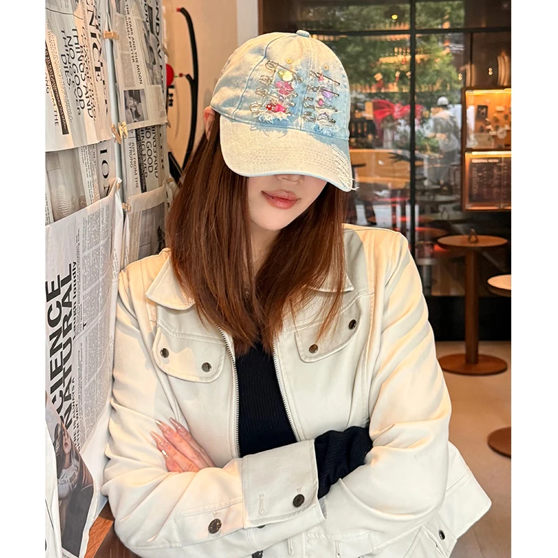 ELFSACK Women's Y2K Distressed Denim Baseball Cap, Bead Embellished Washed Jean Dad Hat, Adjustable Streetwear Sun Hat
