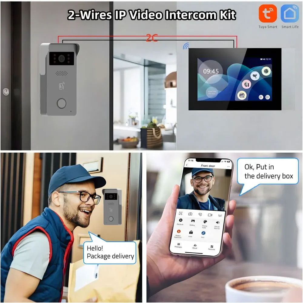 Interphone vidéo à 2 fils pour maison intelligente Tuya, écran tactile, sonnette, système de sécurité de porte, 1080P, 2 pièces, 7 documents en