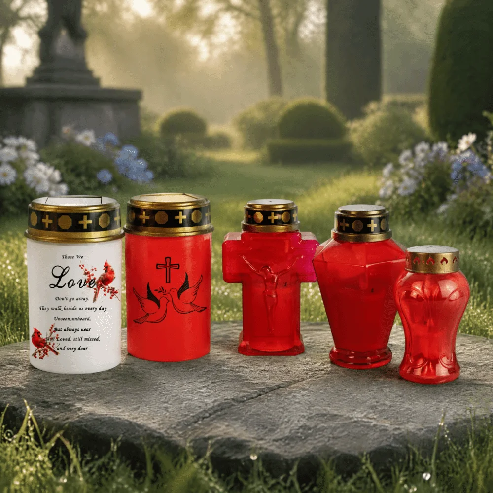 Solar Powered Memorial Grave Light AA Battery Powered Flameless Eternal Lamp Weather Resistant Plastic Flameless Prayer Lamp
