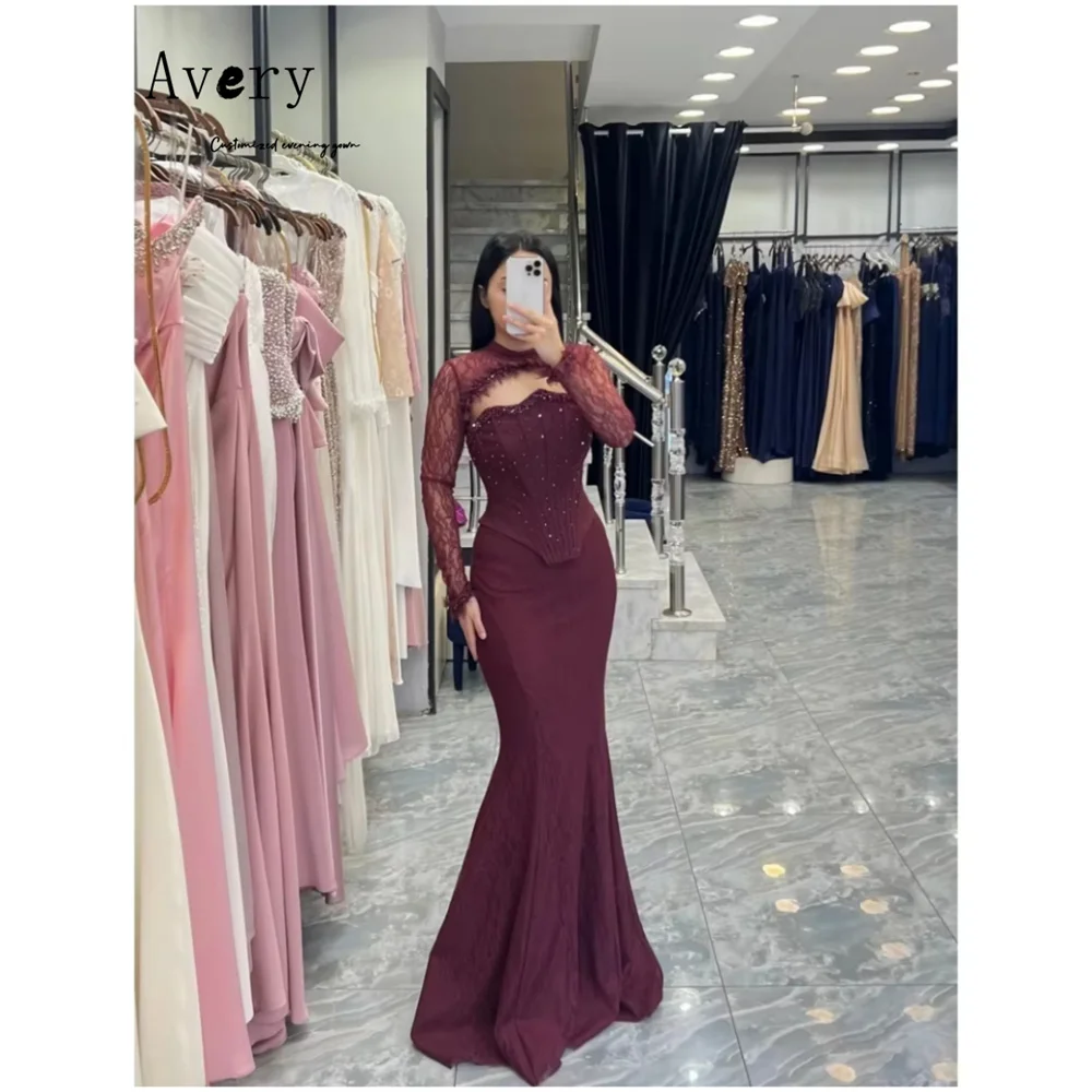 

Avery Custom Burgundy Lace Rhinestone Embroidery Woman Dresses for Wedding Party Dresses Luxury 2026 Women Evening Dress Elegant