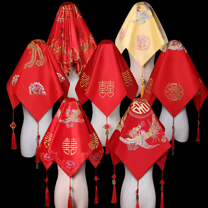 Chinese Wedding Bride Red Hijab Embroidery Flowers Tassel Headwear Bridal Large Size Ancient Tradition Wedding Head Covers Veils