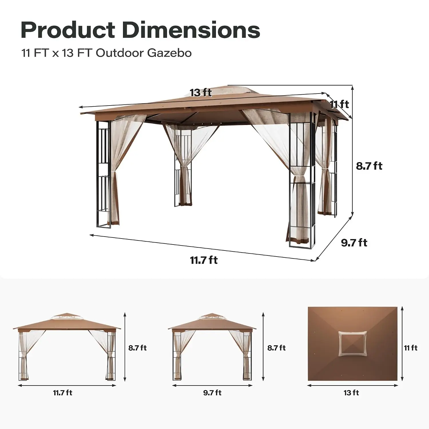 13x11ft Outdoor Gazebo Heavy-Duty Steel Frame Double-Tier Roof & Mosquito Netting Party Tent Backyard Garden Lawn, Custom