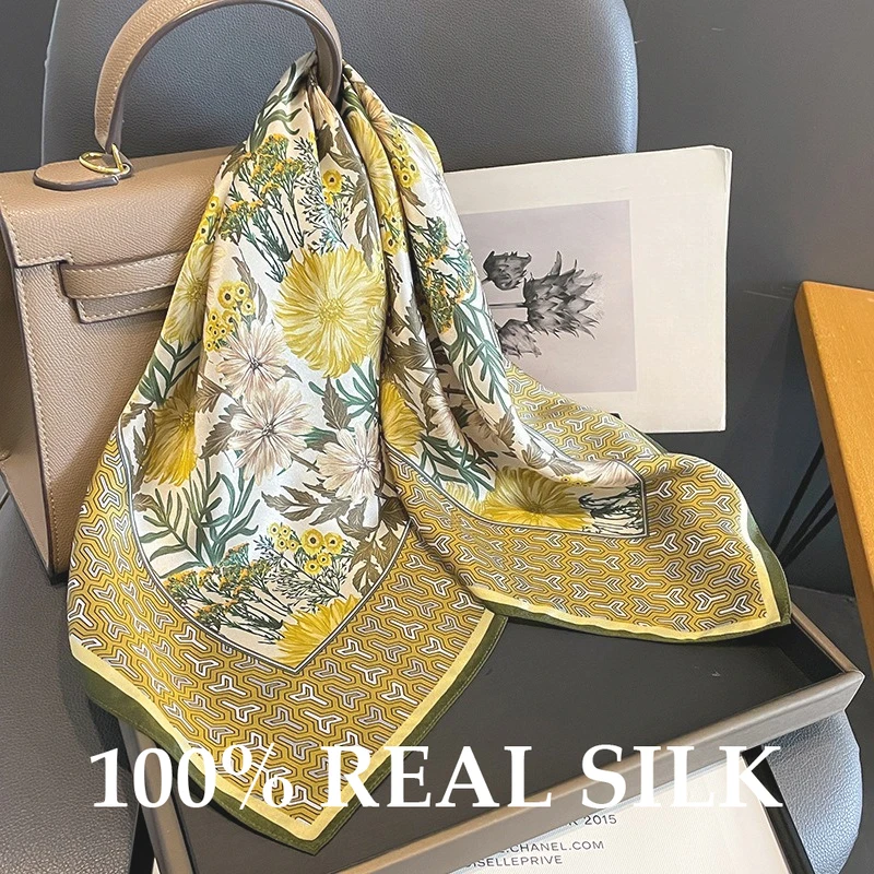 

2026 100% Real Silk Scarves Shawl 65cm Square Scarf Women Luxury Neck Bandana Female Summer Neckerchief Headkerchief Wrap Hijab