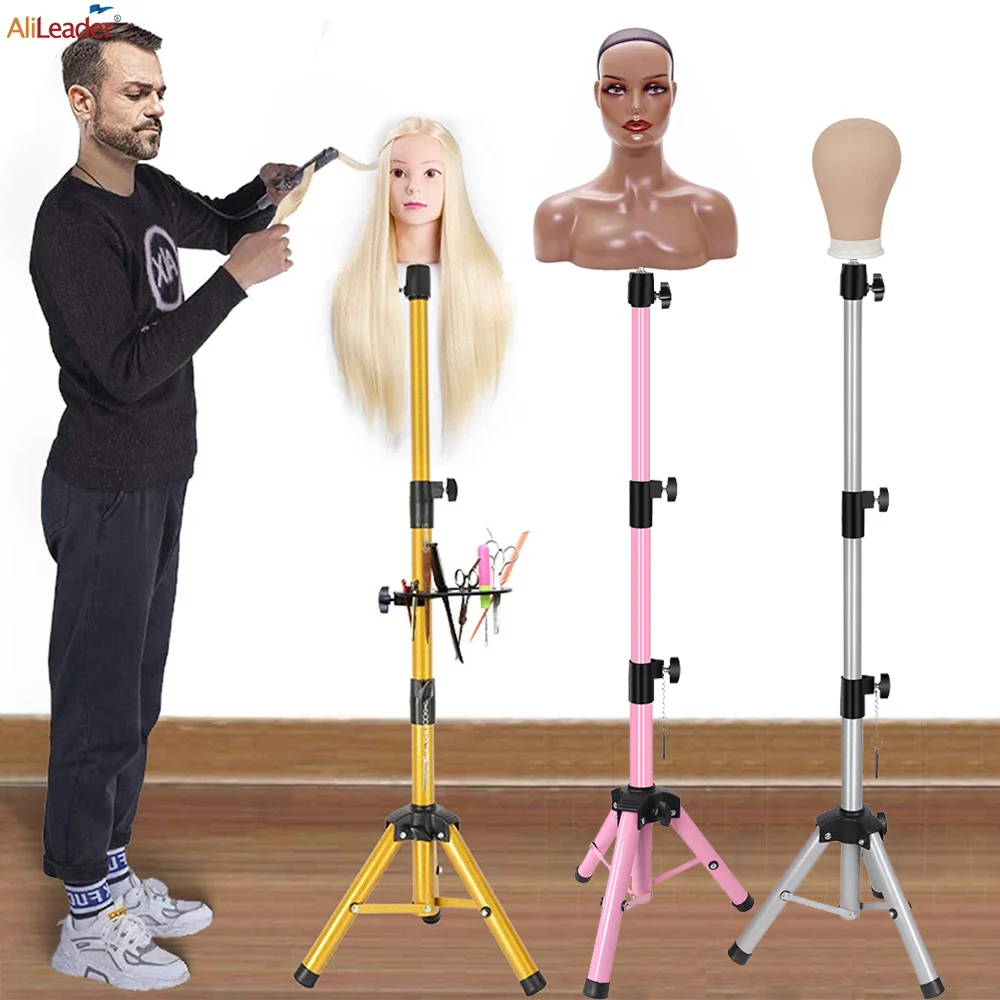 Mannequin Head Stand Luxury Foldable Wig Stand Tripod for Cosmetology Hairdressing Training Metal Adjustable Wig Head Stand