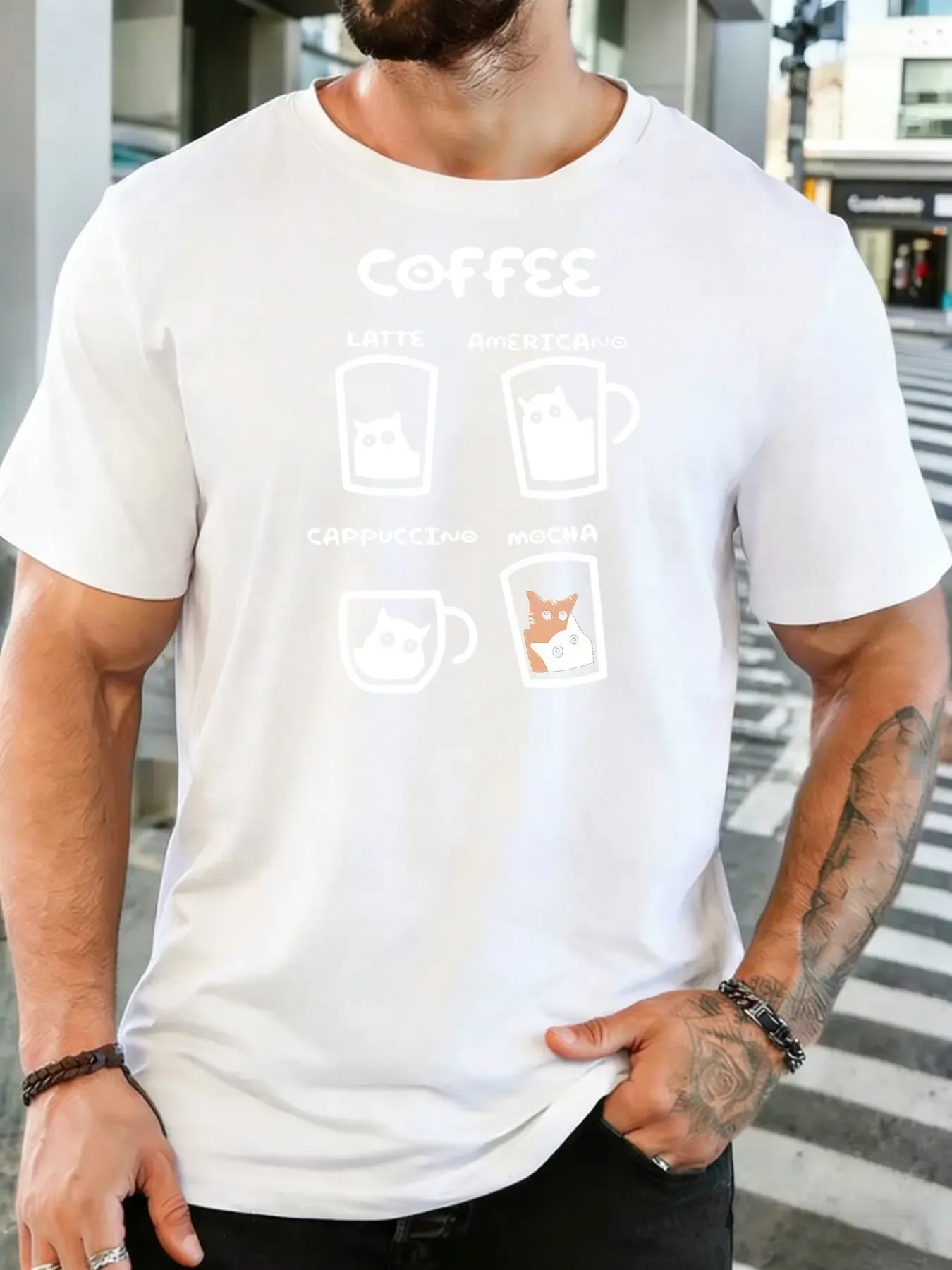 Coffee Cat Four Coffee Cup Styles Graphic Mens Crew Neck Short Sleeve Cotton T Shirt Coffee Lover Pet Cartoon Male Casual Tee